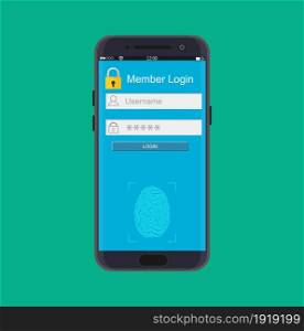 Smartphone unlocked by fingerprint sensor. Mobile phone security, personal access via finger, authorization, network protection. Vector illustration flat. Smartphone unlocked by fingerprint sensor.