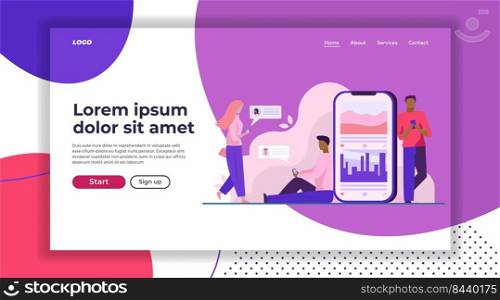 Smartphone users chatting online. Users checking out social media posts flat vector illustration. Addiction, internet, communication concept for banner, website design or landing web page