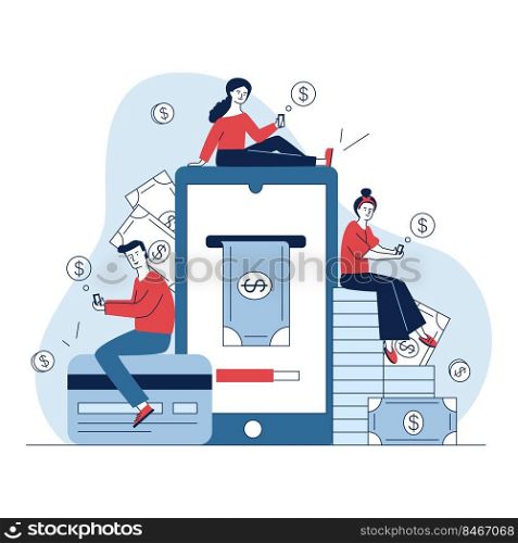 Smartphone users paying online. Men and women with gadgets transferring money flat vector illustration. Internet payment, finance, transaction concept for banner, website design or landing web page