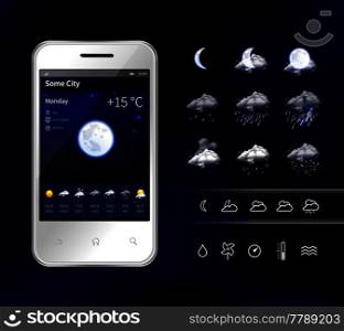Smartphone weather app widgets with detailed hourly forecast accurate information service realistic image dark background vector illustration . Smartphone Mobile Weather Realistic Image