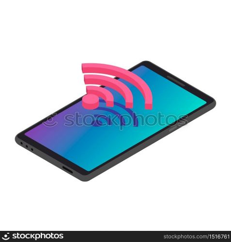 Smartphone wireless Internet connection isometric color vector illustration. Wifi signal, modern telecommunication. Mobile phone with Wi fi access 3d concept isolated on white background