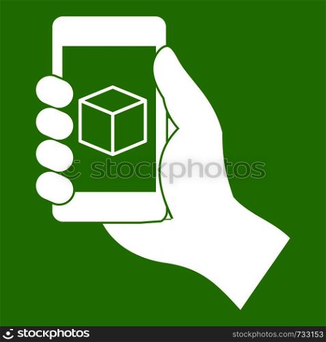 Smartphone with 3D model icon white isolated on green background. Vector illustration. Smartphone with 3D model icon green