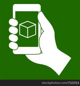 Smartphone with 3D model icon white isolated on green background. Vector illustration. Smartphone with 3D model icon green