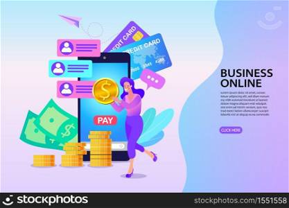 Smartphone with a credit card in the slot. The transfer, e-commerce, blockchain, online business, Mobile payments concept. Vector illustration.