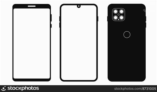 Smartphone with a frame, frameless smartphone with notch and quad cameras, blank white display, front and back side. Solid black silhouette cellphone icon isolated on white background.. Smartphone with a frame, frameless smartphone, the back side of the phone. Flat vector illustration isolated on white