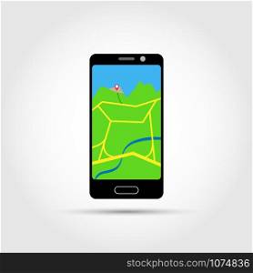 Smartphone with a map of the area and a red point of geolocation