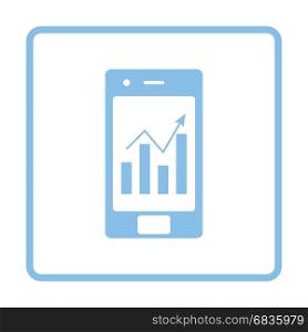Smartphone with analytics diagram icon. Blue frame design. Vector illustration.