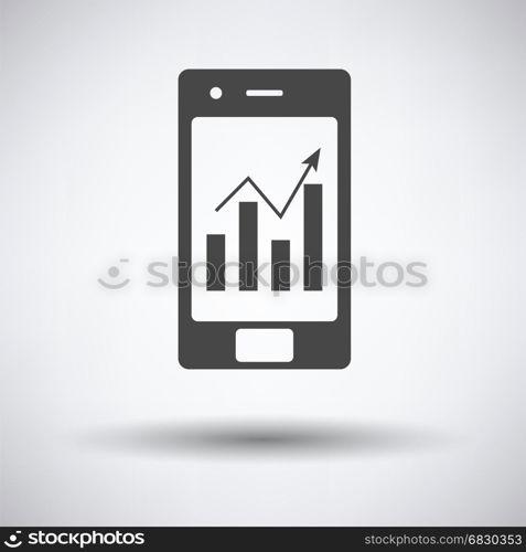 Smartphone with analytics diagram icon on gray background, round shadow. Vector illustration.