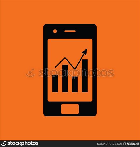 Smartphone with analytics diagram icon. Orange background with black. Vector illustration.