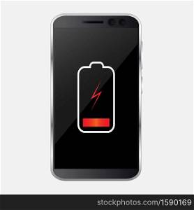 Smartphone with battery charge level indicators isolated on background. Vector illustration. Discharged and fully charged battery of smartphone.. Discharged and fully charged battery of smartphone. Smartphone with battery charge level indicators isolated on background. Vector illustration