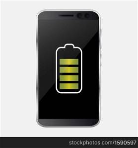 Smartphone with battery charge level indicators isolated on background. Vector illustration. Discharged and fully charged battery of smartphone.. Discharged and fully charged battery of smartphone. Smartphone with battery charge level indicators isolated on background. Vector illustration