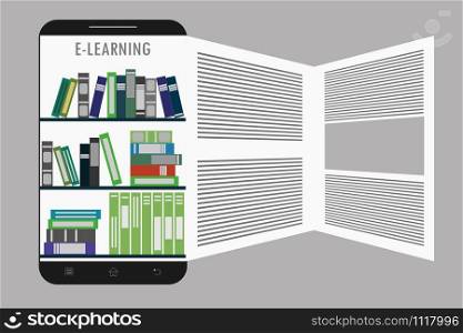 Smartphone with book application on screen,library on the screen of smart device, educational concept,cartoon vector illustration. library on the screen of smart device, educational concept