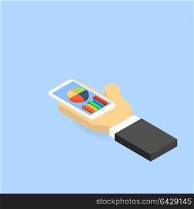 Smartphone with charts and graphs. . Smartphone with charts and graphs. Vector illustration .