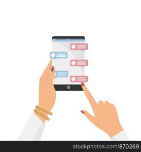 Smartphone with chat app in woman hands. Business woman holds smartphone. vector illustration