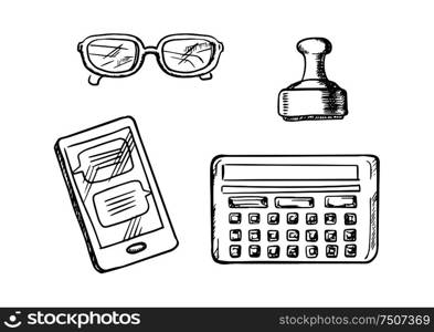 Smartphone with chat messages, calculator, glasses and retro rubber stamp. Sketch icons and symbols. Business icons and symbols sketches