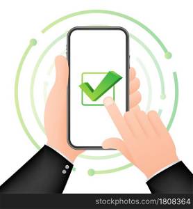Smartphone with checkmark or tick notification in bubble. Approved choice. Accept or approve checkmark. Vector stock illustration. Smartphone with checkmark or tick notification in bubble. Approved choice. Accept or approve checkmark. Vector stock illustration.