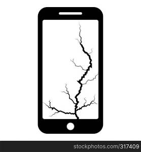 Smartphone with crack on display Broken modern mobile phone Shattered smartphone screen Phone with broken matrix of screen Cell phone with cracked touch screen in bottom Broken glass telephone icon black color vector illustration flat style simple image