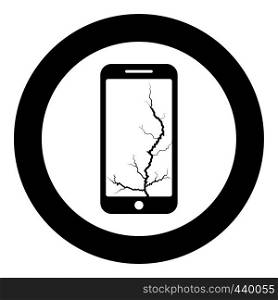 Smartphone with crack on display Broken modern mobile phone Shattered smartphone screen Phone with broken matrix of screen Cell phone with cracked touch screen in bottom Broken glass telephone icon in circle round black color vector illustration flat style simple image. Smartphone with crack on display Broken modern mobile phone Shattered smartphone screen Phone with broken matrix of screen Cell phone with cracked touch screen in bottom Broken glass telephone icon in circle round black color vector illustration flat style image