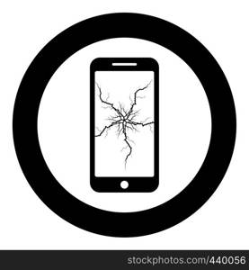 Smartphone with crack on display Broken modern mobile phone Shattered smartphone screen Phone with broken matrix of screen Cell phone with cracked touch screen in center Broken glass telephone icon in circle round black color vector illustration flat style simple image. Smartphone with crack on display Broken modern mobile phone Shattered smartphone screen Phone with broken matrix of screen Cell phone with cracked touch screen in center Broken glass telephone icon in circle round black color vector illustration flat style image