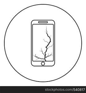 Smartphone with crack on display Broken modern mobile phone Shattered smartphone screen Phone with broken matrix of screen Cell phone with cracked touch screen in bottom Broken glass telephone icon in circle round outline black color vector illustration flat style simple image