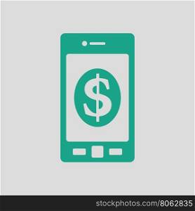 Smartphone with dollar sign icon. Gray background with green. Vector illustration.