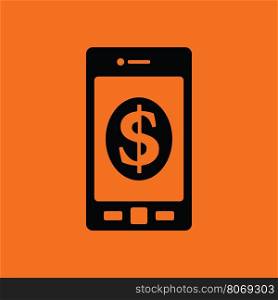 Smartphone with dollar sign icon. Orange background with black. Vector illustration.