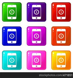 Smartphone with dollar sign on display icons of 9 color set isolated vector illustration. Smartphone with dollar sign on display icons 9 set