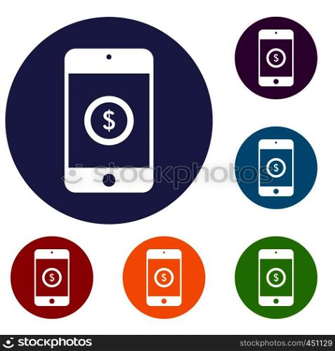 Smartphone with dollar sign on display icons set in flat circle reb, blue and green color for web. Smartphone with dollar sign on display icons set