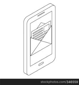Smartphone with email or sms icon in isometric 3d style isolated on white background. Smartphone with email icon, isometric 3d style