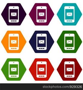 Smartphone with email symbol on the screen icon set many color hexahedron isolated on white vector illustration. Smartphone with email symbol on the screen icon set color hexahedron