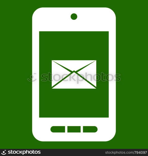 Smartphone with email symbol on the screen icon white isolated on green background. Vector illustration. Smartphone with email symbol on the screen icon green