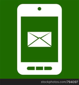 Smartphone with email symbol on the screen icon white isolated on green background. Vector illustration. Smartphone with email symbol on the screen icon green