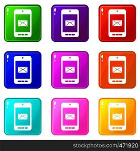 Smartphone with email symbol on the screen icons of 9 color set isolated vector illustration. Smartphone with email symbol on the screen icons