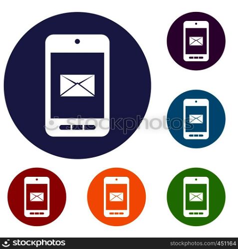 Smartphone with email symbol on the screen icons set in flat circle reb, blue and green color for web. Smartphone with email symbol on the screen icons