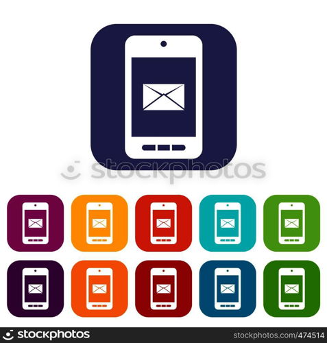 Smartphone with email symbol on the screen icons set vector illustration in flat style In colors red, blue, green and other. Smartphone with email symbol on the screen icons