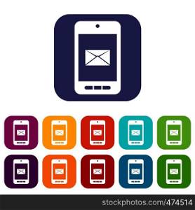Smartphone with email symbol on the screen icons set vector illustration in flat style In colors red, blue, green and other. Smartphone with email symbol on the screen icons