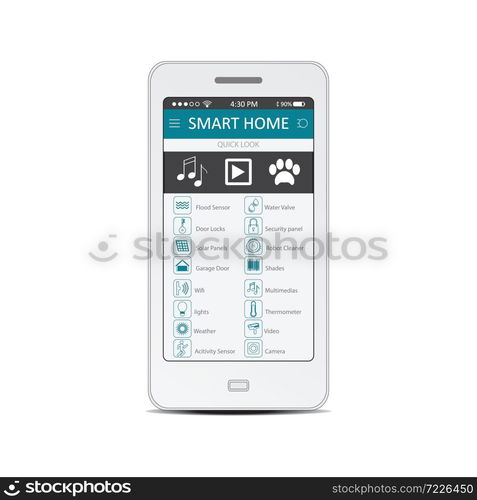 Smartphone with flat design smart home application on the screen isolated on white background, technology conceptual system with centralized control of lighting, heating, security and video surveillance, Flat design style modern vector illustration.