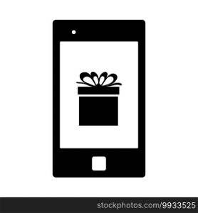 Smartphone With Gift Box On Screen Icon. Black Glyph Design. Vector Illustration.