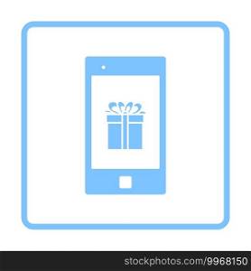 Smartphone With Gift Box On Screen Icon. Blue Frame Design. Vector Illustration.