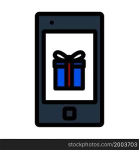Smartphone With Gift Box On Screen Icon. Editable Bold Outline With Color Fill Design. Vector Illustration.