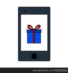 Smartphone With Gift Box On Screen Icon. Editable Outline With Color Fill Design. Vector Illustration.