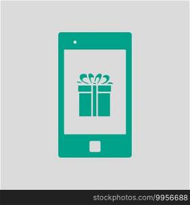 Smartphone With Gift Box On Screen Icon. Green on Gray Background. Vector Illustration.