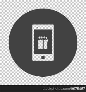 Smartphone With Gift Box On Screen Icon. Subtract Stencil Design on Tranparency Grid. Vector Illustration.