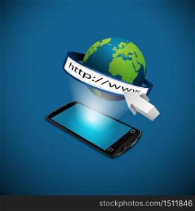 Smartphone with globe and address bar. Vector 3D illustration