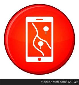 Smartphone with GPS navigator icon in red circle isolated on white background vector illustration. Smartphone with GPS navigator icon, flat style