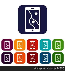 Smartphone with GPS navigator icons set vector illustration in flat style In colors red, blue, green and other. Smartphone with GPS navigator icons set