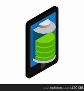 Smartphone with green full battery isometric 3d icon on a white background. Smartphone with green full battery