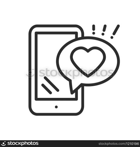 Smartphone with heart emoji message on screen line icon. Love confession like sign and symbol. Love relationship holiday romantic messaging smartphone mobile phone sms message theme