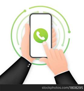 Smartphone with incoming call on display. Hand holding smartphone, finger touching screen. Vector stock illustration. Smartphone with incoming call on display. Hand holding smartphone, finger touching screen. Vector stock illustration.