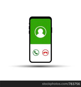 Smartphone with incoming call on display. Vector stock illustration.